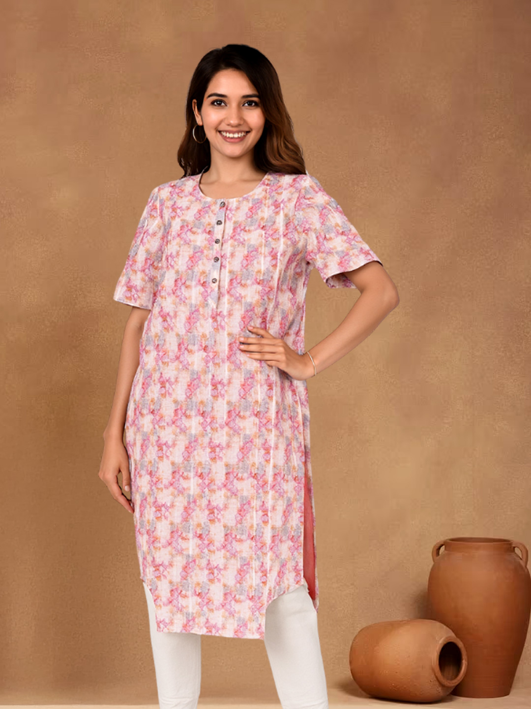 Picture of Floral Print Smart Round Neckline Straight-Cut Kurta